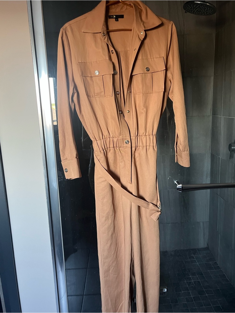 Maje Tan Utility Belted Jumpsuit